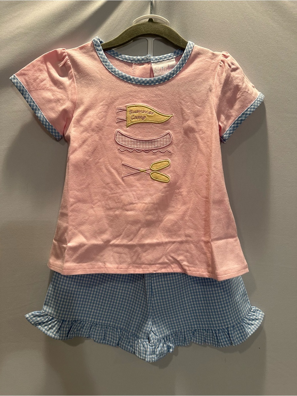 Girls Pink Short-Sleeve Top & Blue Gingham Shorts Set with Matching Bow